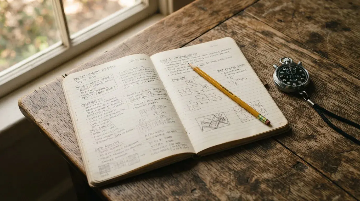 An open notebook with a pencil and a stopwatch on a wooden table