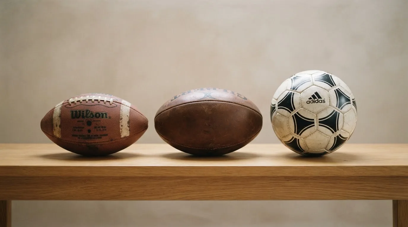 Three balls of different kinds side by side on a wooden bench