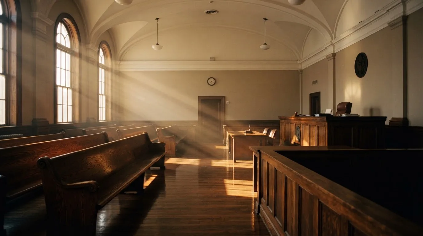 An empty courtroom with wooden benches in morning light