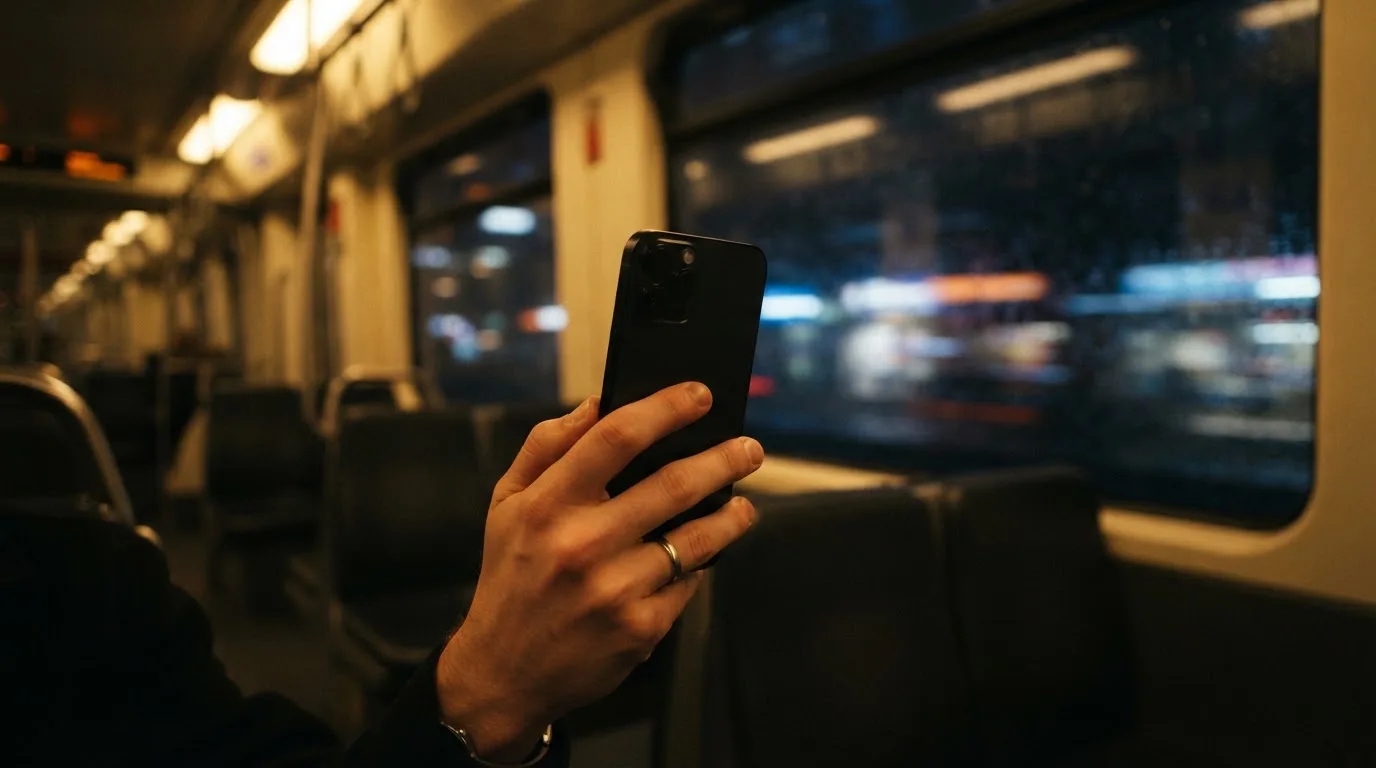 A hand holding a smartphone on a train in the evening, screen turned away