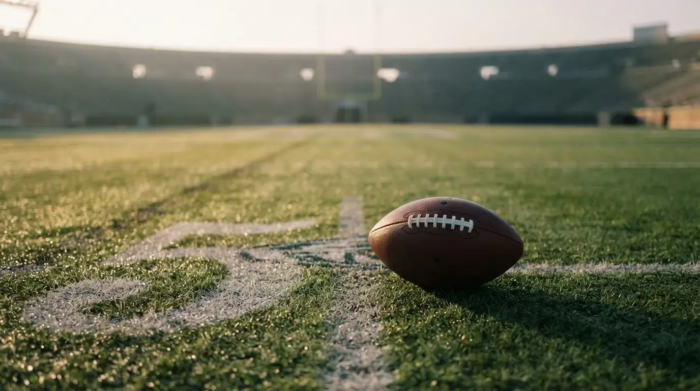 A ball on the centre spot of a grass pitch in morning light