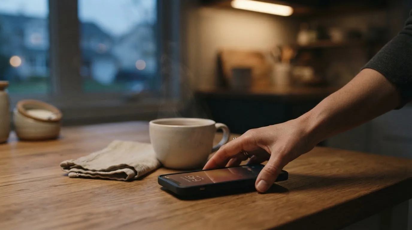 A hand setting a smartphone down beside a cup of tea on a kitchen table on a quiet evening